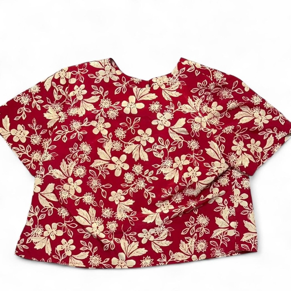 Appleseed's Vintage Red Floral Open Back Short Sleeve Blouse Top Womens 12P